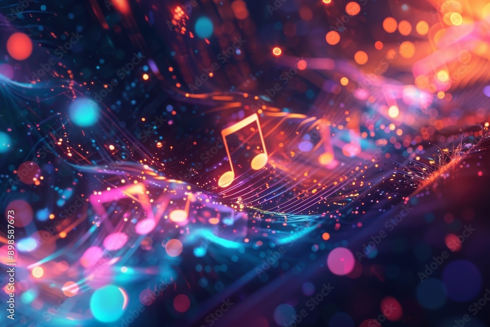 Poster abstract colorful background with a musical note in the center, surrounded by glowing particles and 