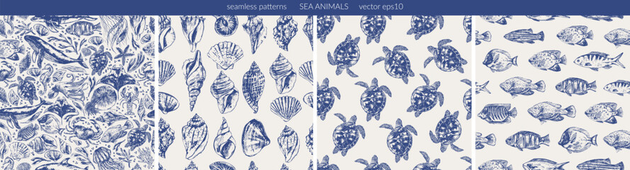 Vector sea animals seamless pattern set. Sea life background in blue color with whale, dolphin, octopus, crab, seahorse, sea turtle, jellyfish, starfish, manta ray,  nautilus, shells.