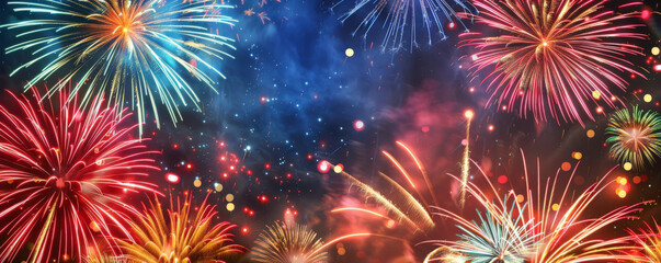 Fototapeta premium Vibrant fireworks of red, blue, and green explode against a dark sky, with ample space below for text or messages.