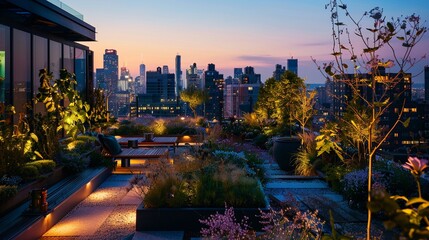 Fototapeta premium Rooftop garden at dusk, urban oasis, city lights in the background