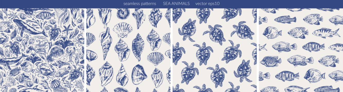 Vector sea animals seamless pattern set. Sea life background in blue color with whale, dolphin, octopus, crab, seahorse, sea turtle, jellyfish, starfish, manta ray,  nautilus, shells.