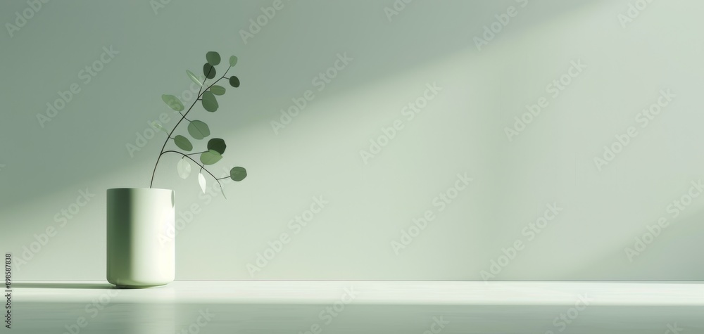 Poster a minimalist plain white wall background, green side table, and a vase of eucalyptus create a scene 