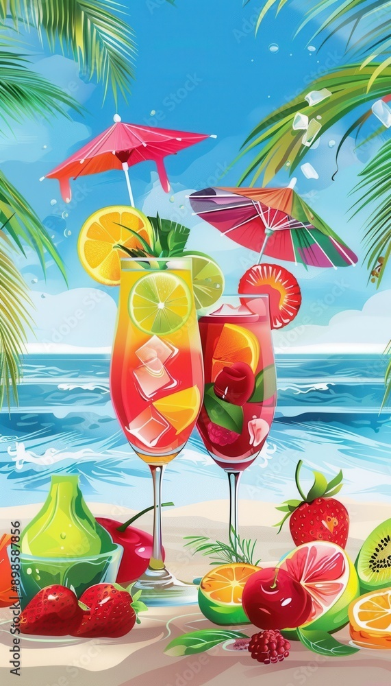 Poster two colorful cocktails with fruit garnishes and umbrellas sit on a sandy beach with an ocean backdro
