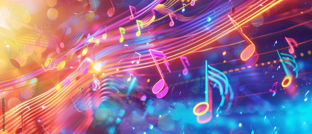 Poster abstract colorful background with music notes and glowing lines.