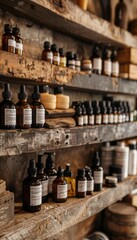 Rustic Display of Handmade Skincare Products with Oils, Creams, and Natural Ingredients for Organic Beauty