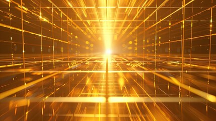 Abstract 3D golden grid with intersecting lines and a vibrant light source, creating depth