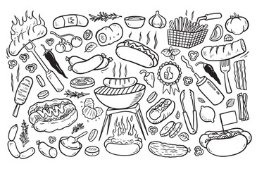 Sausage doodle, sausage barbecue drawing