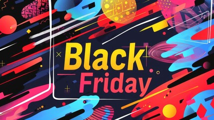 Abstract colorful design with the words "Black Friday" in a bold yellow font.  Perfect for social media, marketing, or web design.