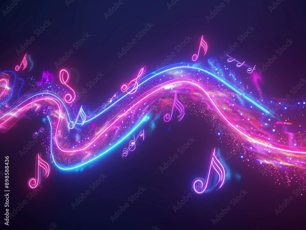 Poster abstract colorful glowing music notes flowing in a wave on dark background.