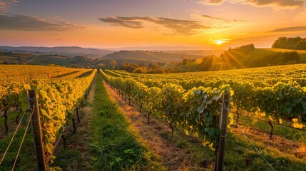 Fototapeta premium Sunset over a vineyard, rows of grapes, harvest season ambiance