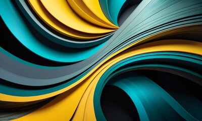close-up of a colorful abstract design featuring curved lines in shades of blue, yellow, and gray.