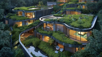 Obraz premium Eco friendly city, green roofs, sustainable living, future urban life