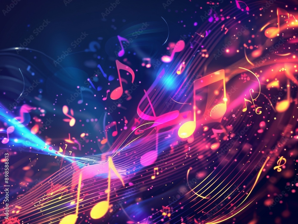Poster abstract colorful music notes with glowing lines and particles on a dark background.