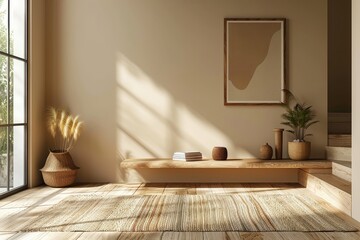 Modern entryway wall with shelf, magazine, and poster, beige walls, wooden floor, carpet below, plants, and natural lighting. Scandinavian minimalistic decor style.