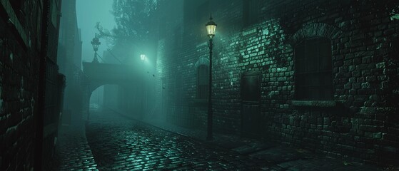 Victorian London alley, foggy night, mystery around every corner
