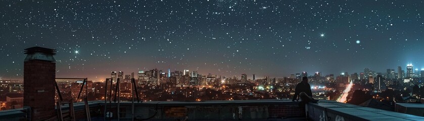 Obraz premium Rooftop astronomy, cityscape backdrop, exploring the cosmos above