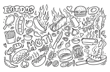 Hot dog doodle, sausage junk food