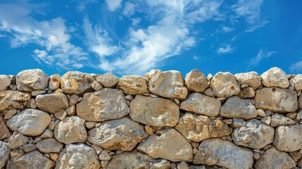 Close-up of a rustic stone wall texture with the blue sky creating a vibrant backdrop