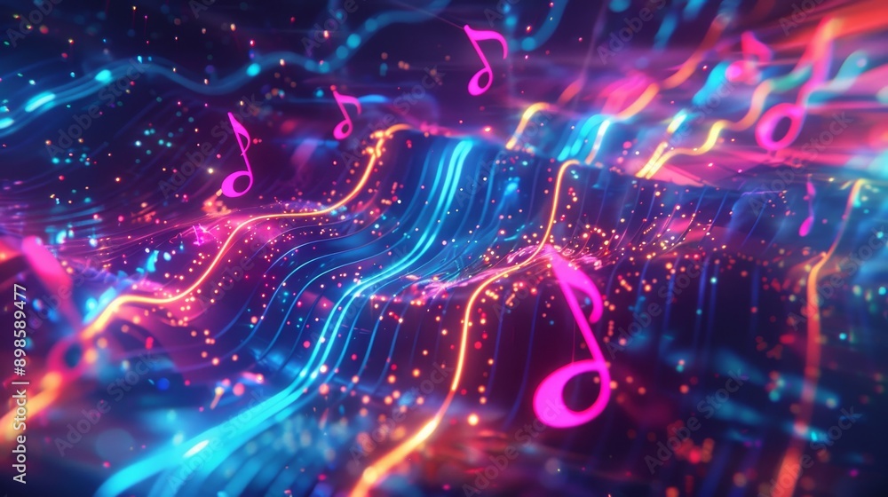 Poster abstract digital art with glowing music notes and colorful lines, creating a vibrant and energetic b