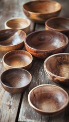 Handmade Wooden Bowls with Unique Grains and Finishes on Rustic Table - Perfect for Decor or Gifts