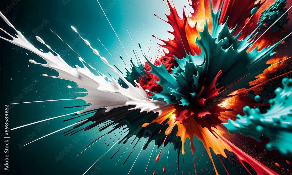 Poster vibrant and colorful abstract composition featuring splashes of paint in various colors, including r