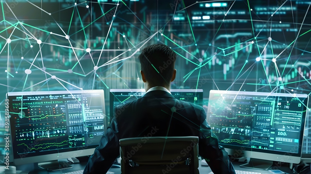 Fototapete financial trader analyzing market data on multiple screens