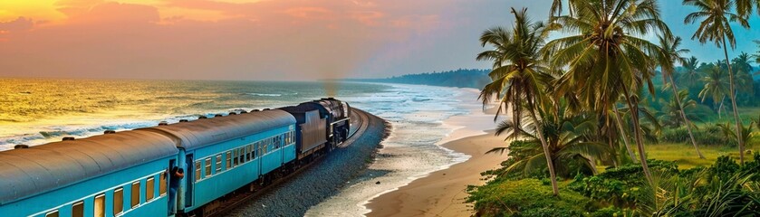 Fototapeta premium Nostalgic train journey, scenic landscapes, the romance of travelSunrise yoga on a serene beach, harmonizing body and nature