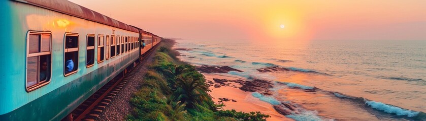 Obraz premium Nostalgic train journey, scenic landscapes, the romance of travelSunrise yoga on a serene beach, harmonizing body and nature