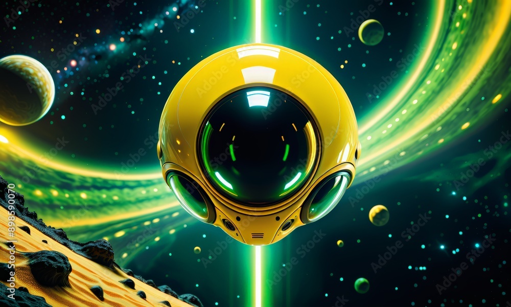 Poster digital illustration of a yellow spaceship with a green helmet, floating in space with planets and s