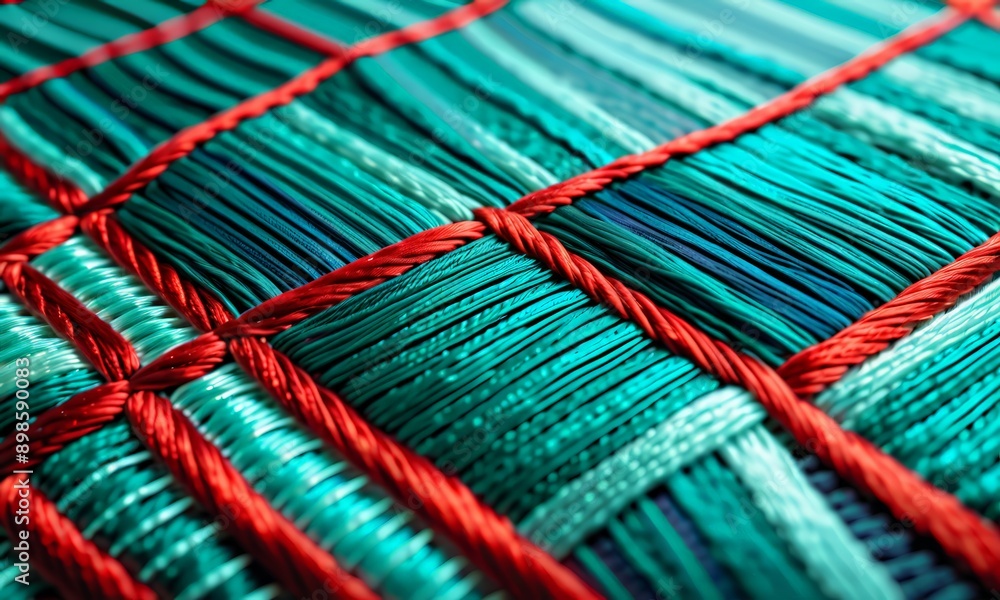 Poster close-up view of a woven fabric with a pattern of red and blue threads.