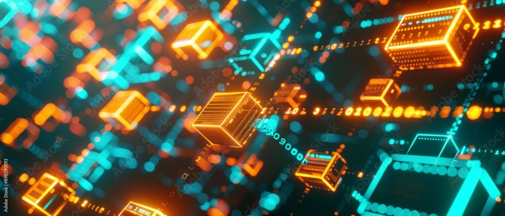 Poster abstract digital background with glowing neon cubes.