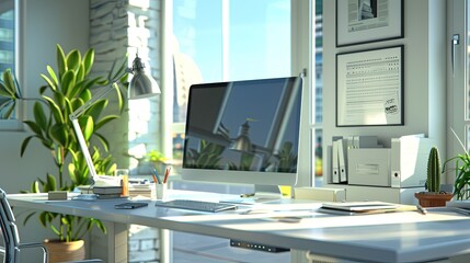 Empty office with a sleek desk, computer, and neatly arranged business documents and tools