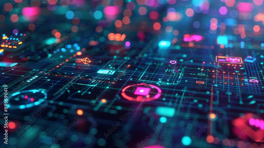 Poster abstract digital circuit board with glowing neon lights, representing data flow and technology.