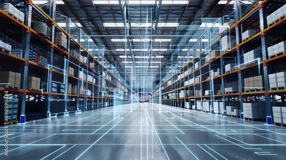 Aufkleber futuristic e commerce warehouse with mesh lines visualizing inventory flow