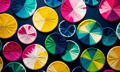collection of colorful, circular plates or discs arranged in a visually appealing pattern against a dark background.
