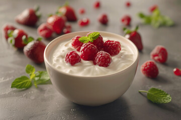 Delicious and healthy yogurt with fresh berries and strawberries