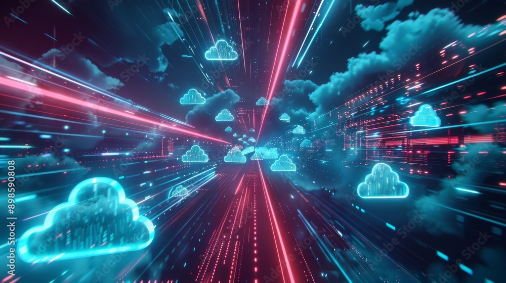 Poster abstract digital illustration of cloud computing with glowing lines and data streams.
