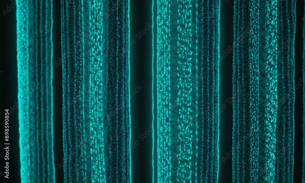 Poster close-up view of a set of vertical blue curtains with a pattern of small dots or lines, creating a textured and visually interesting appearance.