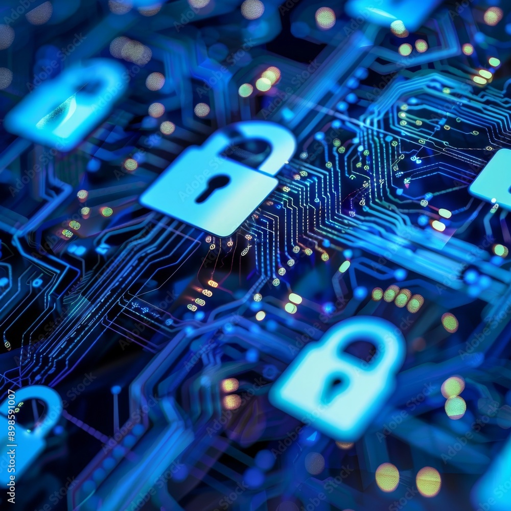 Aufkleber abstract digital illustration of padlocks on a circuit board, representing cybersecurity and data pr