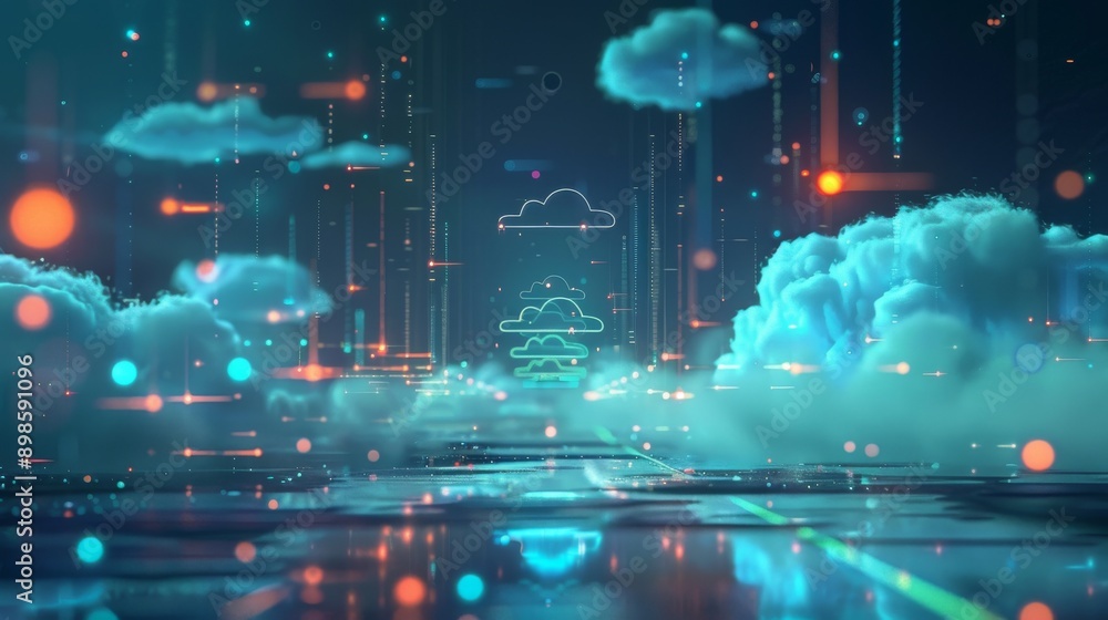 Poster abstract digital landscape with glowing cloud symbol, representing cloud computing and data storage.