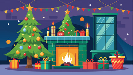 Stylishly decorated Christmas tree with fireplace interiors with a Christmas tree, lights and gifts under the tree.. Generative AI
