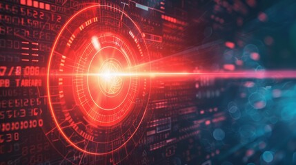 Abstract digital interface with a glowing red circle and data streams.