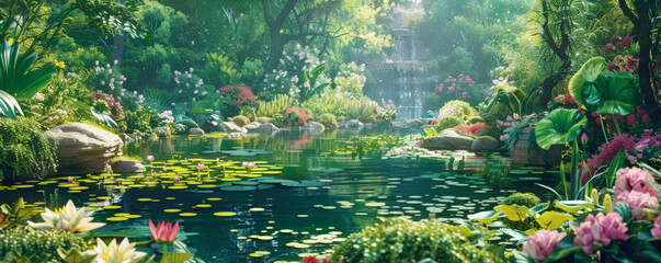 A peaceful garden backdrop with blooming flowers, lush greenery, and a serene pond, ideal for a tranquil and relaxing atmosphere.