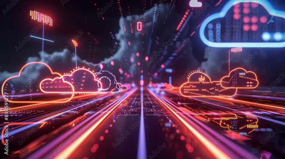 Poster abstract digital landscape with glowing neon clouds and data streams. futuristic technology concept.