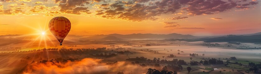 Obraz premium Majestic hot air balloon flight at sunrise, peaceful skies, breathtaking views
