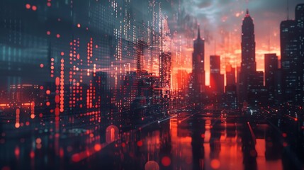 Obraz premium Financial graph with a city skyline, symbolizing the correlation between urban development and financial markets.