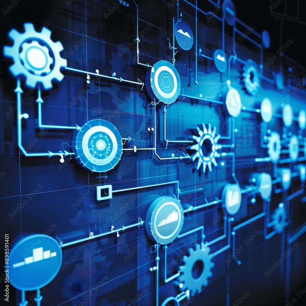 Poster abstract digital network of interconnected gears and icons on a blue background. represents technolo