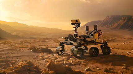Fototapeta premium Space Exploration Robot: A robot exploring the surface of Mars, collecting samples and transmitting data back to Earth. 