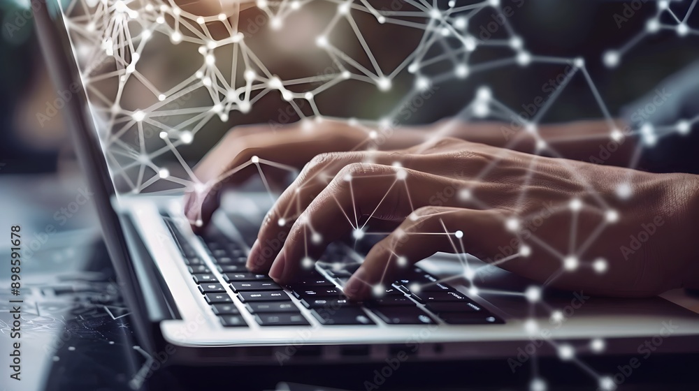 Aufkleber Hands Typing on Laptop with Digital Mesh Data Flow Representation