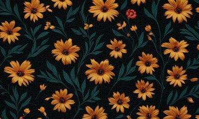 close-up of a pattern of yellow flowers with green leaves against a dark background.